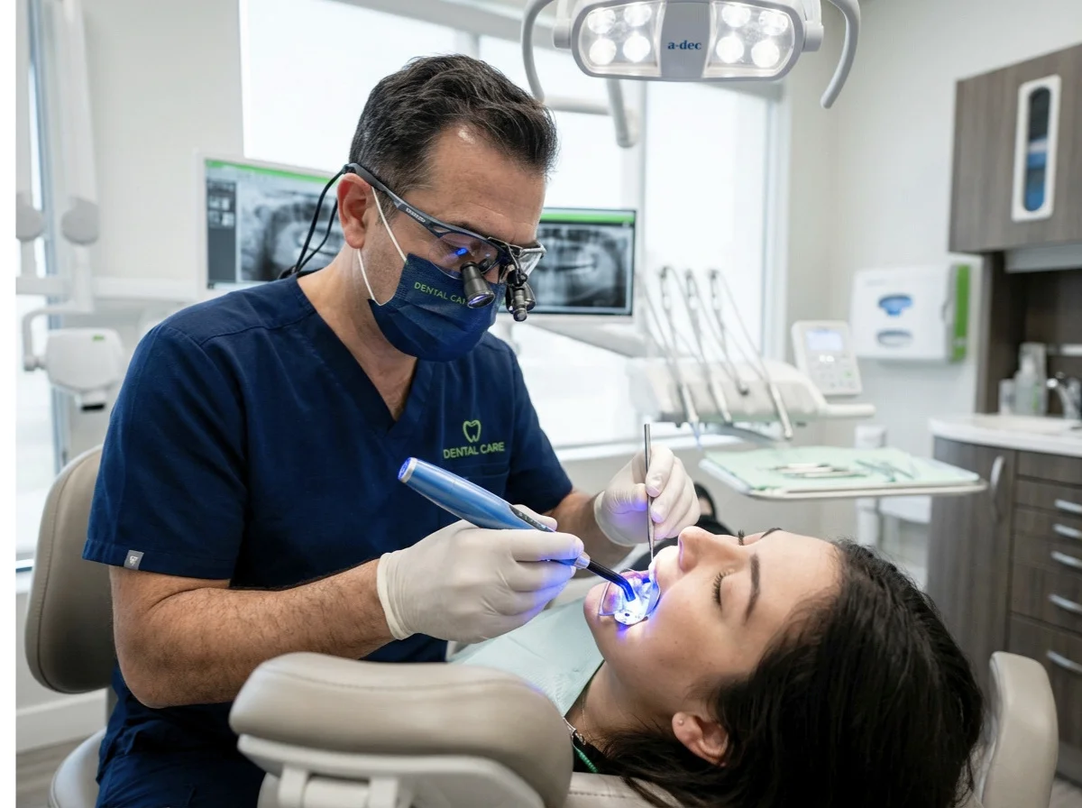 Odontólogo realizando un tratamiento dental de ortodoncia y alta tecnología en nuestra clínica odontológica.