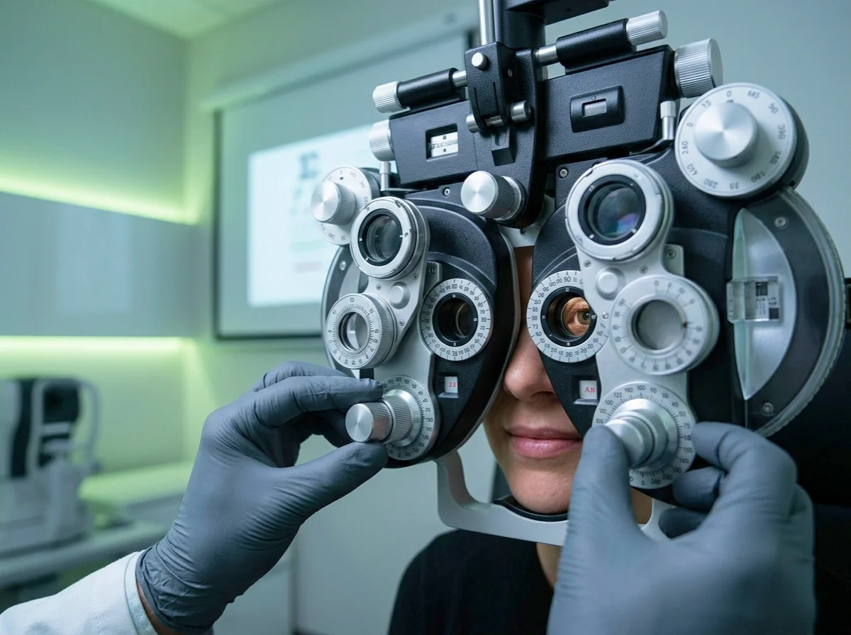 Especialista realizando examen visual con foróptero de alta tecnología para diagnóstico de optometría en Bogotá.