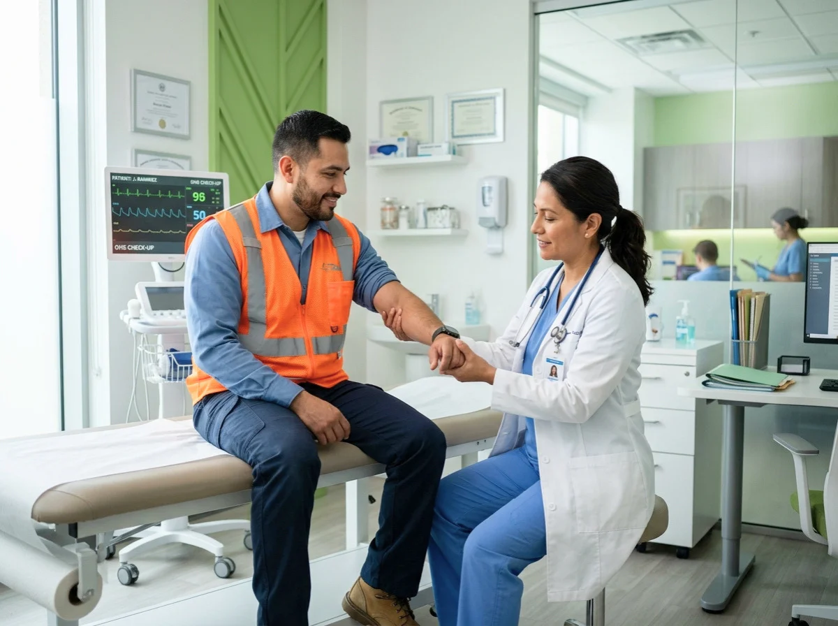 Médico especialista realizando un examen físico de salud ocupacional y de ingreso para un trabajador de empresa.