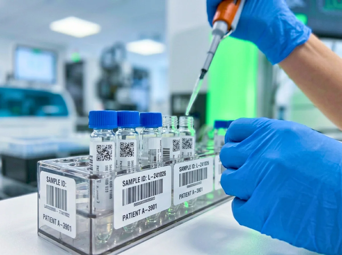 Profesional de laboratorio clínico procesando muestras de sangre para exámenes médicos con equipos de alta precisión.